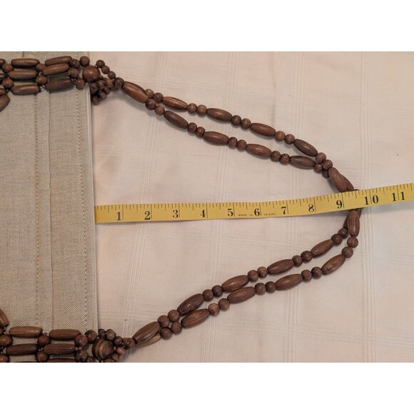 Vntg Fine Arts Bag Co Beige Linen & Wood Bead Purse Tote Zips Close Dual Handles - Picture 12 of 13